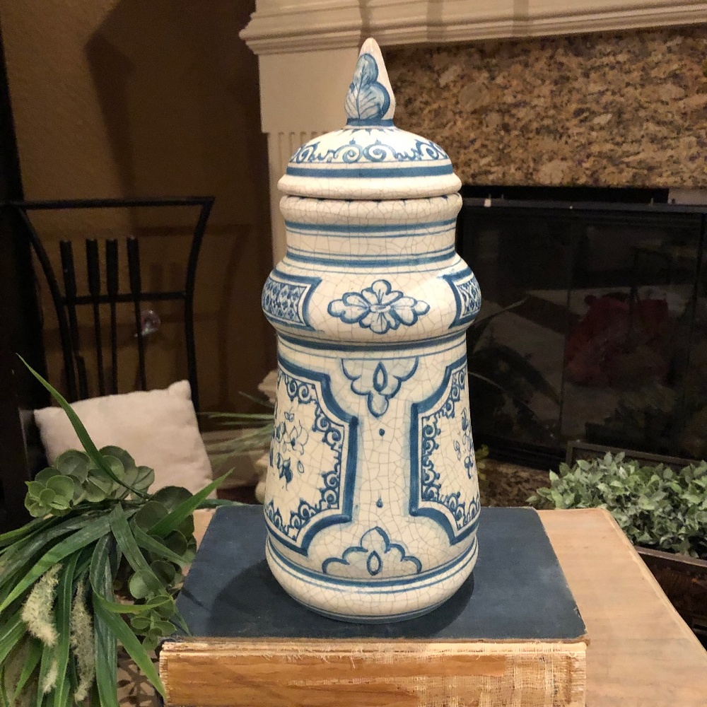 Large Benlloch Spanish Pitcher Vase Crackle Glaze Blue White 13.5 Inches Tall - Picture 3 of 8
